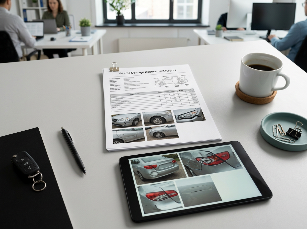 Ausgedrucktes Schadengutachten mit Fotos und Tablet mit Schadenbildern auf einem Schreibtisch