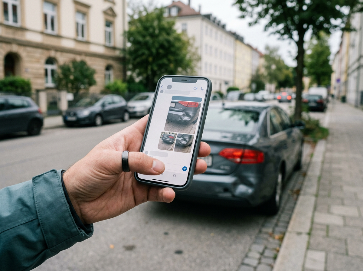 Hand hält Smartphone und sendet Fotos eines beschädigten Fahrzeugs per Messenger