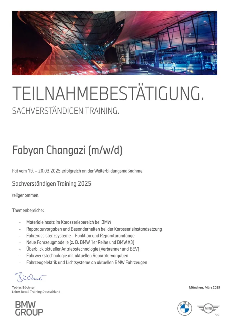 Teilnahmebestätigung BMW Group Sachverständigen Training 2025