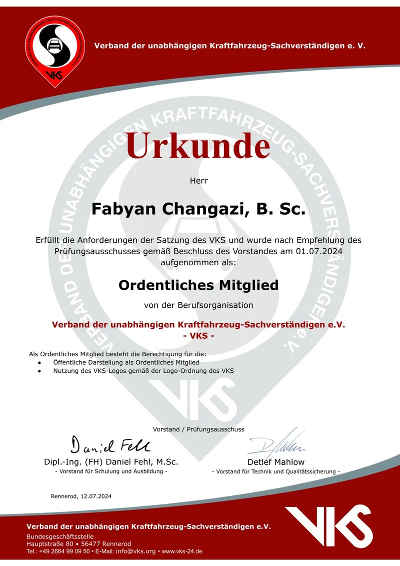 Urkunde: Fabyan Changazi, B. Sc., ordentliches Mitglied im VKS e.V.
